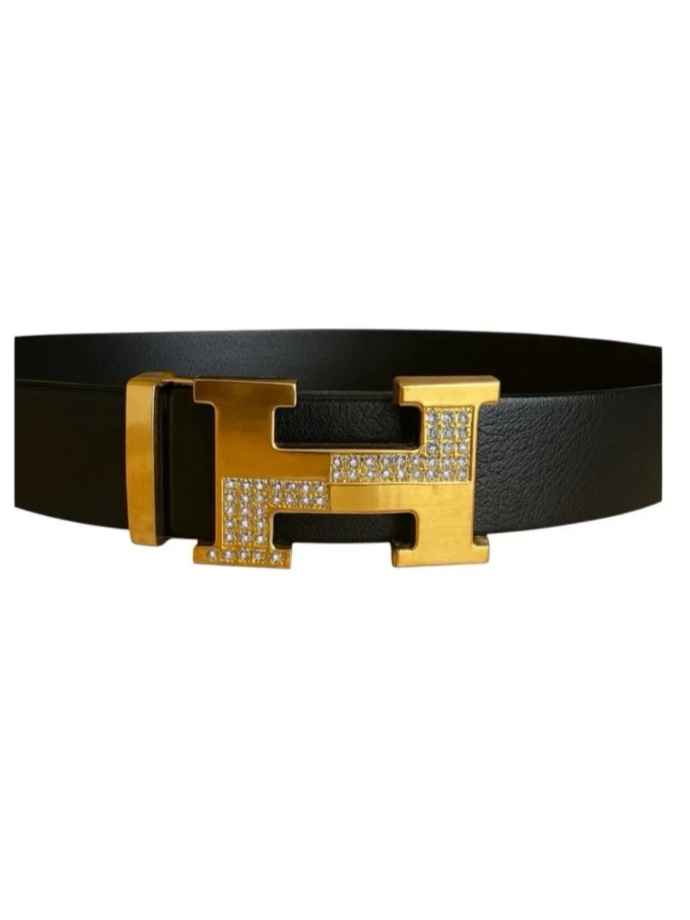 Elegant Fashion Belt Rhinestone Gold Buckle PU Leather Black Length 49 in